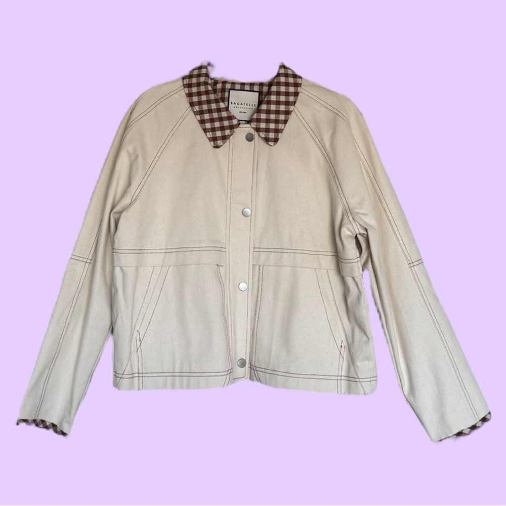 bagatelle Cream Jean Jacket with Brown Gingham Collar
